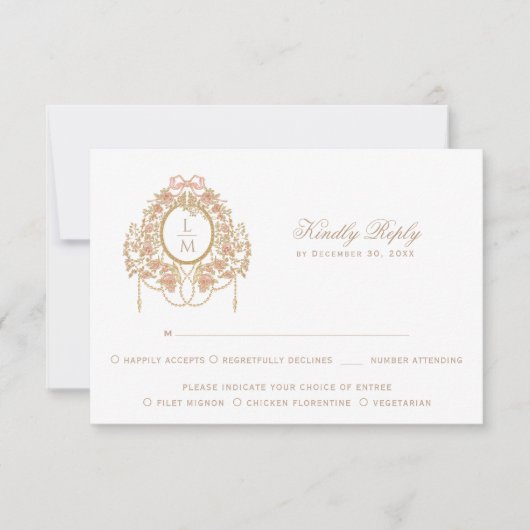 Franse Rococo Roos Monogram Huwelijk RSVP Kaartje (Voorkant)