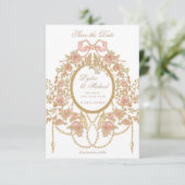 Franse Rococo Roos Monogram Huwelijk Save The Date (Staand voorkant)