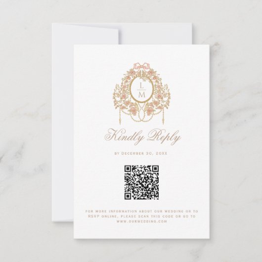 Franse Rococo Roos Monogram Huwelijks QR Code RSVP Kaartje (Voorkant)