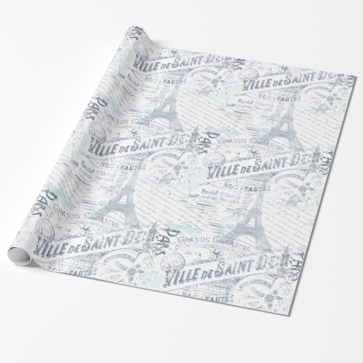 Franse Romance Collage Blue ID226 Cadeaupapier (Uitgerold)