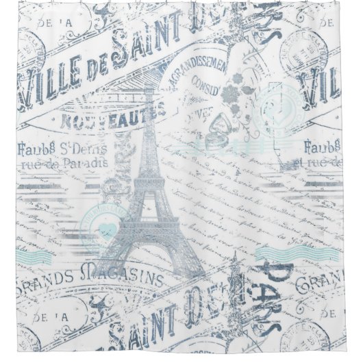  Franse Romance Collage Blue ID226 Douchegordijn (Voorkant)