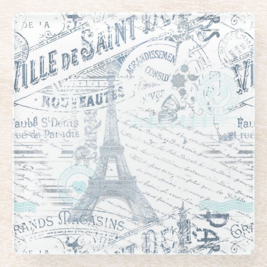  Franse Romance Collage Blue ID226 Glazen Onderzetter (Voorkant)