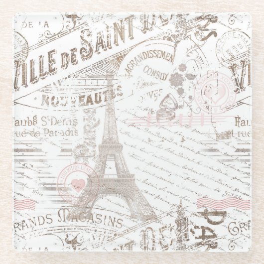  Franse Romance Collage Pink ID226 Glazen Onderzetter (Voorkant)