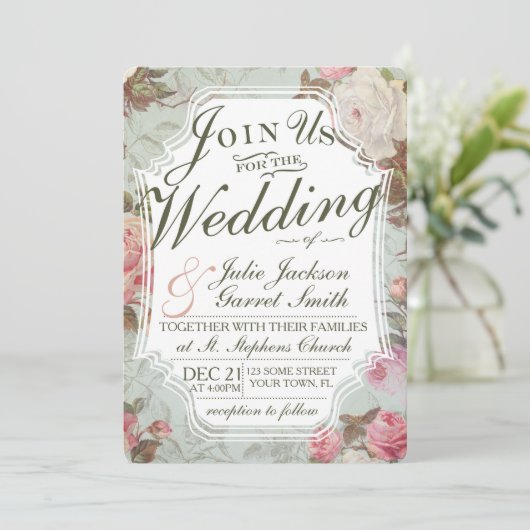 Franse Roos Tuin bruiloft uitnodiging (Staand voorkant)