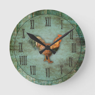 Franse Rooster en Faux Wood Ronde Klok