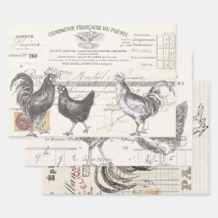 Franse Rooster Hen Receipt Ephemera ontkoppelde vo Inpakpapier Vel