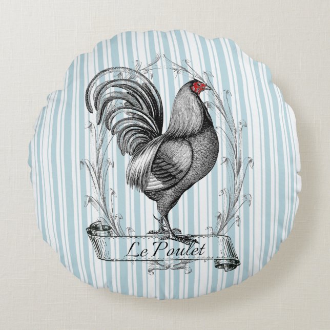 Franse Rooster Le Poulet Rond Kussen (Voorkant)