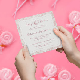  Franse roze Damask Baby shower Tea Party Kaart