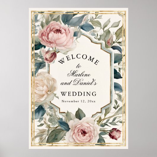 Franse Roze en Gouden Bloemen Peony Elegant Huweli Poster (Voorkant)