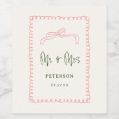 Franse Roze en Groene Mr & Mrs Trouw Monogram Wijn Etiket (Enkel label)