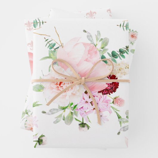 Franse Roze en Witte Waterverf Bloemen Inpakpapier Vel (In situ)
