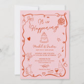 Franse roze handgetekende geïllustreerde fototrouw kaart (Voorkant)
