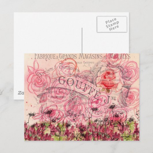 Franse Roze Rozenbloem Waterverf Collage Briefkaart (Voorkant / Achterkant)