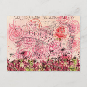 Franse Roze Rozenbloem Waterverf Collage Briefkaart