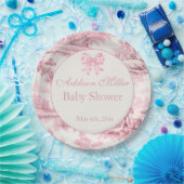Franse Roze Toile Bloemen Bow Baby Meisje Douche Papieren Bordje (Feest)