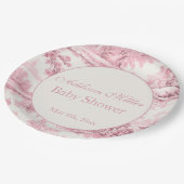 Franse Roze Toile Bloemen Bow Baby Meisje Douche Papieren Bordje (Gekanteld)