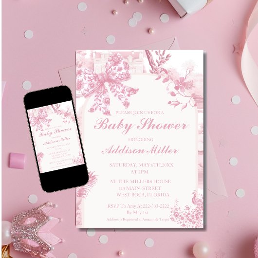 Franse Roze Toile Bloemen Bow Baby Meisje Douche Save The Date