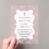 Franse Roze Toile Flowers Meisje Doop Acryl Uitnodigingen (Insitu (Draagbaar))