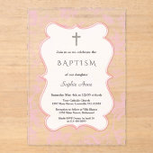  Franse Roze Toile Flowers Meisje Doop Acryl Uitnodigingen (Voorkant)