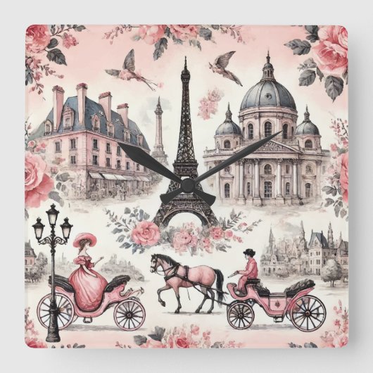 Franse Roze Toile Square Wall Clock Vierkante Klok (Voorkant)