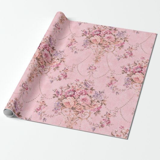Franse Roze Victoriaans Stijl Bloemen Decoupage Cadeaupapier (Uitgerold)