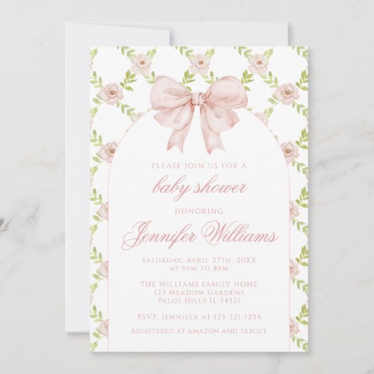 Franse Rozen Bow Lente Baby Meisje Douche Kaart (Voorkant)