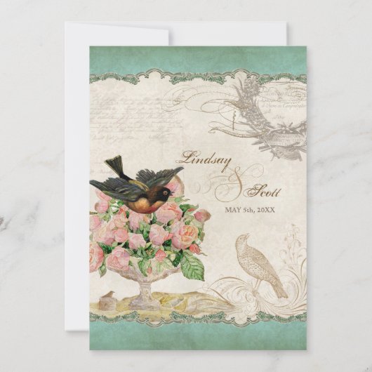 Franse Rozen Tortelduifjes Swirl Lace - Aqua Kaart (Achterkant)