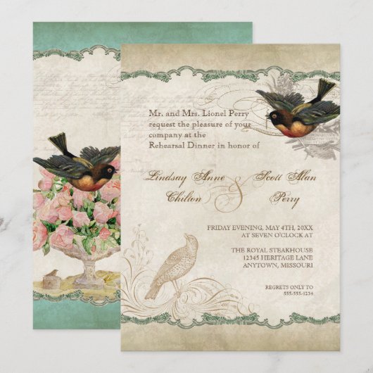 Franse Rozen Tortelduifjes Swirl Lace - Aqua Kaart (Voorkant / Achterkant)