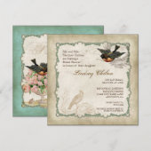 Franse Rozen Tortelduifjes Swirl  Lace - Aqua Kaart (Voorkant / Achterkant)