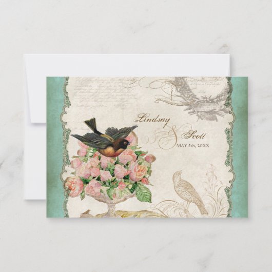 Franse Rozen Tortelduifjes Swirl Lace - Aqua RSVP Kaartje (Achterkant)