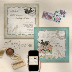 Franse Rozen Tortelduifjes Vintage Lace - Aqua Blu Kaart