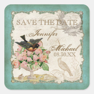 Franse Rozen Tortelduifjes Vintage Lace - Aqua Blu Vierkante Sticker