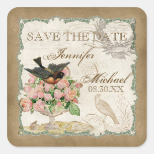 Franse Rozen Tortelduifjes Vintage Lace - Mocha Vierkante Sticker