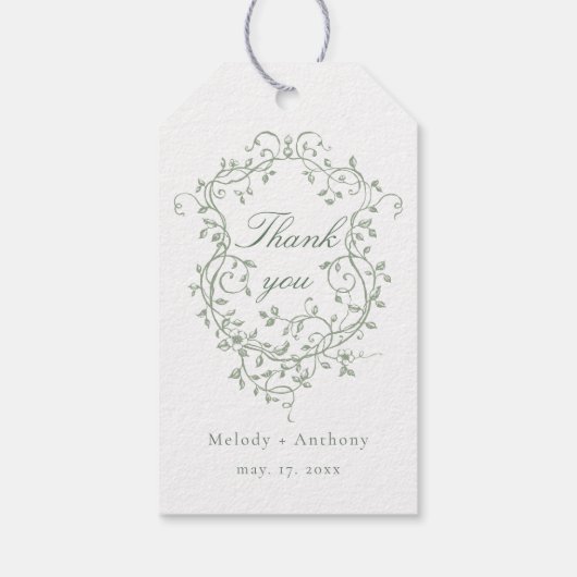 Franse Sage Green Floral Crest Wedding Dank u Cadeaulabel (Achterkant)