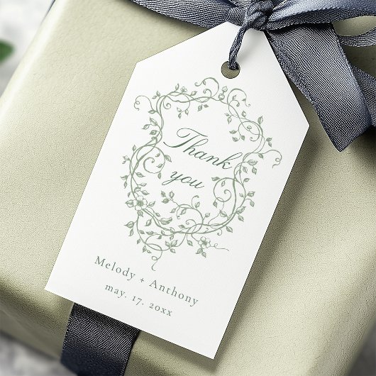 Franse Sage Green Floral Crest Wedding Dank u Cadeaulabel