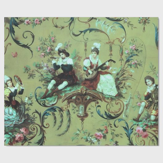 Franse Sage Green Toile Victoriaans Stijl Decoupag Cadeaupapier (Vlak)
