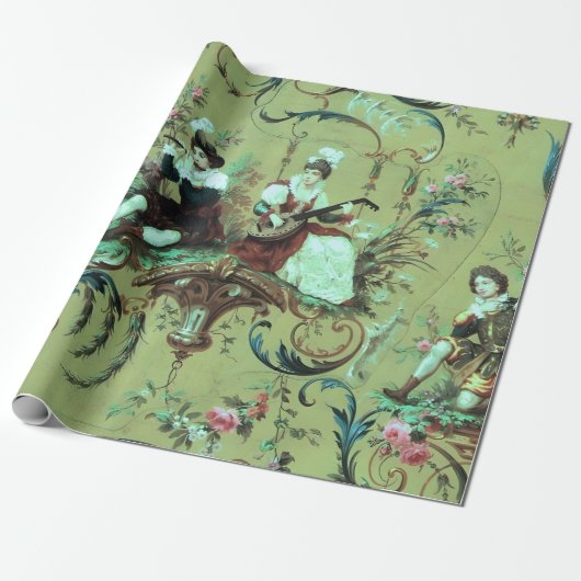 Franse Sage Green Toile Victoriaans Stijl Decoupag Cadeaupapier (Uitgerold)