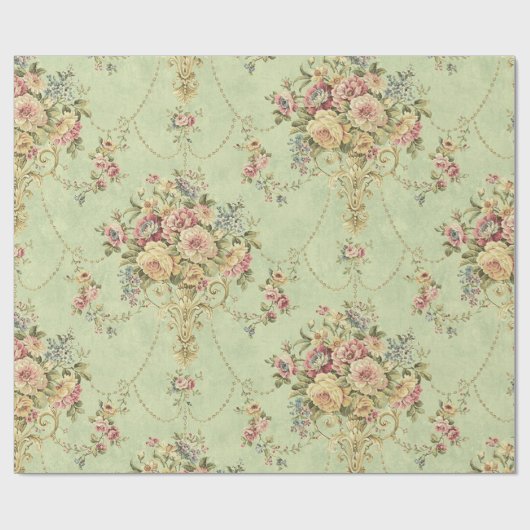 Franse Sage Groene Victoriaans Stijl Bloemen Decou Cadeaupapier (Vlak)