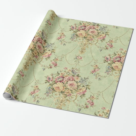 Franse Sage Groene Victoriaans Stijl Bloemen Decou Cadeaupapier (Uitgerold)
