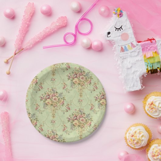 Franse salie groene Victoriaans stijl bloemenrococ Papieren Bordje (Feest)