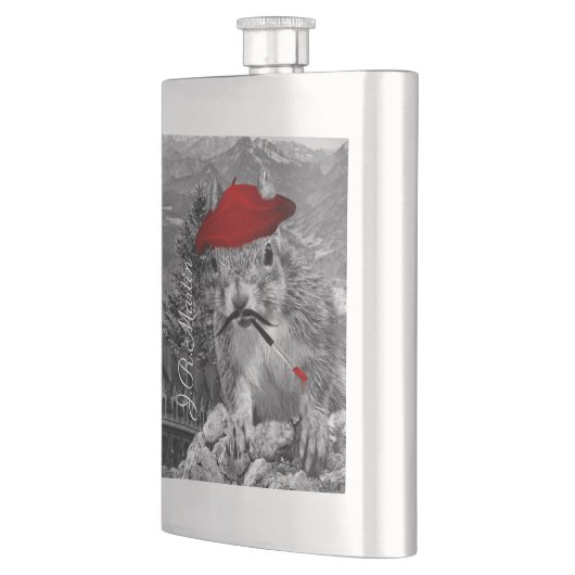 Franse schilder in rode bertspirrel heupfles (Links)