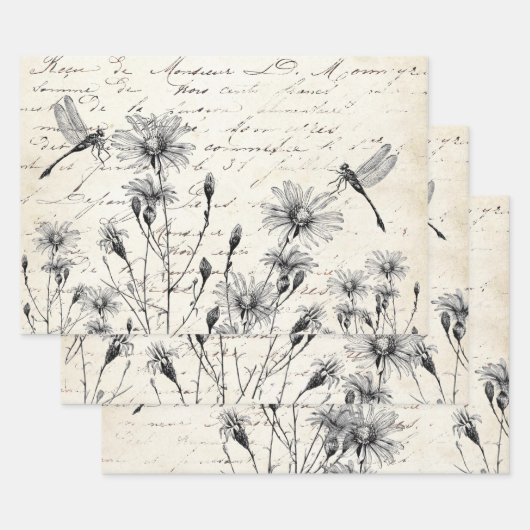 Franse Script Wildflower Libelle Decoupage Ambacht Inpakpapier Vel (Set)
