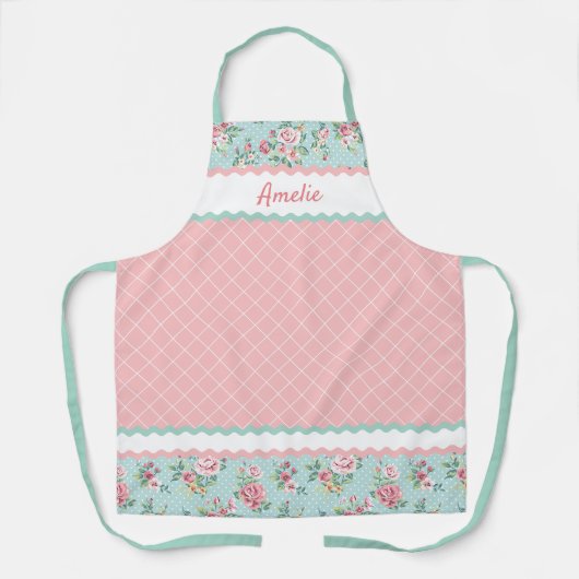 Franse Shabby Chic Pastel Blauwgroen Blauw Roze Ro Schort (Voorkant)