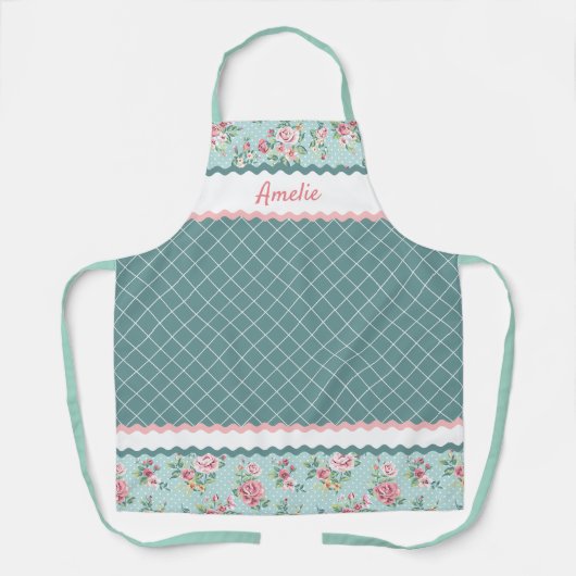 Franse Shabby Chic Pastel Blauwgroen Blauw Roze Ro Schort (Voorkant)