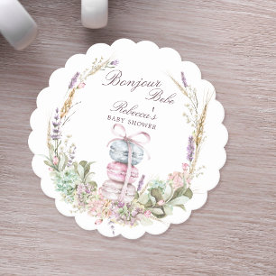 Franse stapel macarons in krans bonjour bebe kartonnen onderzetters