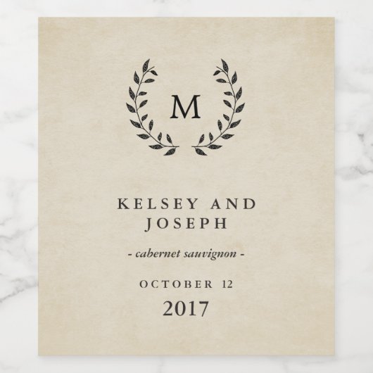  Franse stijl bruiloft krans en monogram Wijn Etiket (Enkel label)