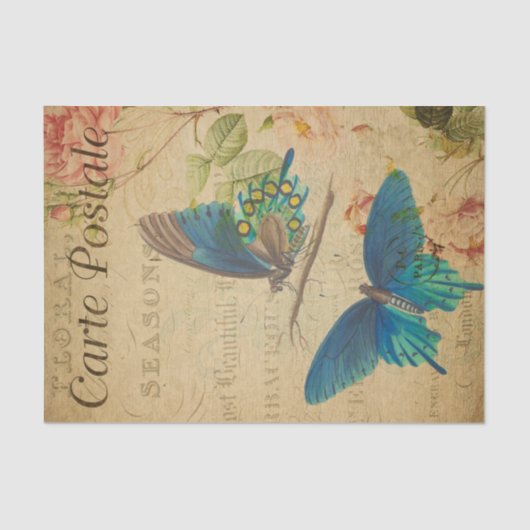 Franse stijl Carte Postale Blue Butterflies Tissuepapier (Voorkant)