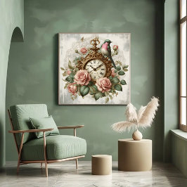 Franse stijl shabby chic Klok Rozen Bird Poster