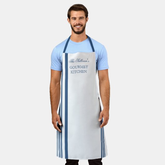 Franse stijlstreep - blauw | Witte benaming Schort (Gedragen)