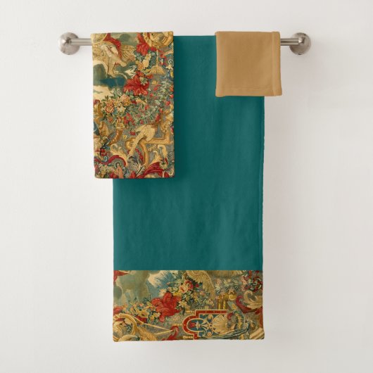 Franse  Tapestry Jewel Tone Blauwgroen Groen Bad Handdoek (Insitu)